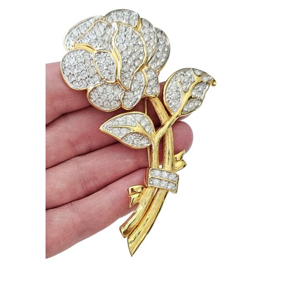 Nolan Miller Stemmed Rose Brooch, Gold Tone Clear Pave Pin Signed, J40 - Picture 2 of 8